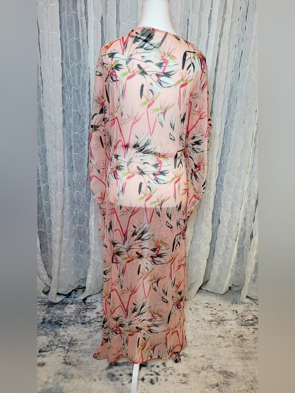Free Press Sheer Tropical Floral Maxi Kimono Duster Swim Flowy Cover Up OS - Picture 2 of 4